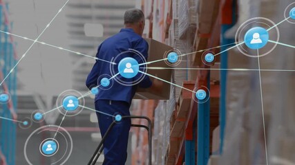 Warehouse worker pulling box from shelf, initiating digital network overlay for inventory tracking - Powered by Adobe