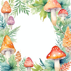 Colorful mushrooms in shades of orange, red, and purple create a festive vibe for Halloween. Surrounded by green foliage, this cheerful watercolor design adds charm and whimsy Generative AI