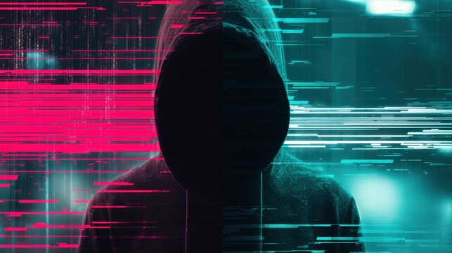 Mysterious Figure in Hoodie Surrounded by Digital Glitch Effects