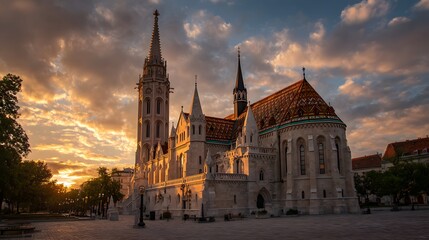 Fototapeta premium Ornate stone church building illuminated by warm sunlight during a dramatic sunset