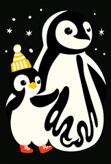 Adorable Penguin Family in Winter Snow Wearing Festive Hats and Boots