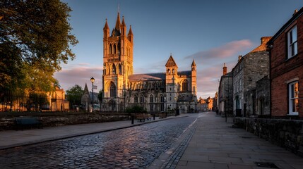 Historic religious structure dominates a cobblestone street scene during sunrise or sunset lighting