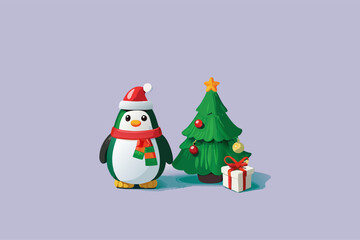 Cute Penguin Figure with Christmas Tree and Gift