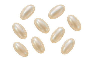 Softgel capsules, vitamins, and pills for health, omega-3, or medicine, transparent background eliminating need for masking