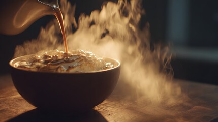 Hot liquid streams into a ceramic bowl filled with steaming meringue dessert
