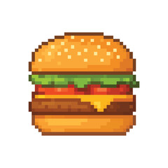 Pixel Art Cheeseburger Icon with Lettuce and Tomato Vector Illustration