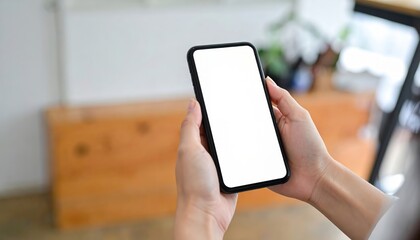 Close up view of female worker using mobile phone at her workplace. White empty screen for your advertise design
