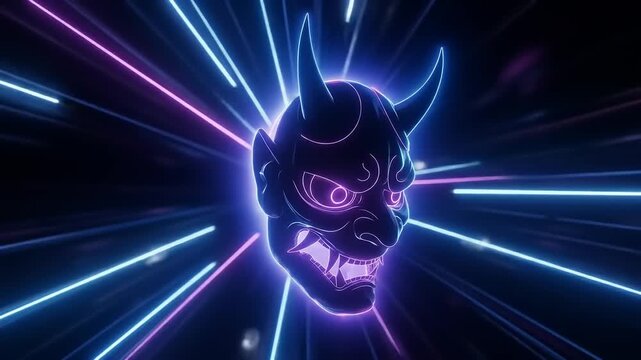 Neon Oni Mask with Glowing Lines and Abstract Background.