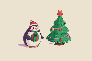 Cute Penguin with Christmas Gift by Festive Tree
