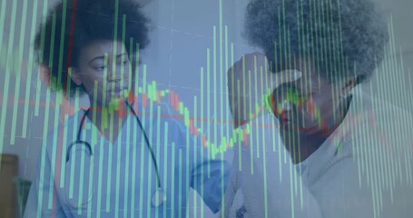 Patient lifting hand to brow spurring nurse leaning helping as bargraph overlay tracking health
