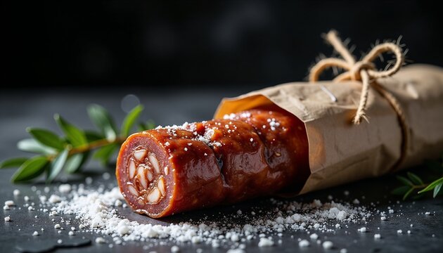 Spanish chorizo sausage with nuts on dark background for gourmet food packaging and restaurant branding