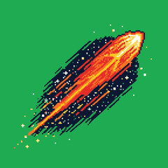 A vibrant 8-bit pixel art illustration of a fiery comet or meteor streaking through a starry sky on a green background. © Rosyad