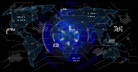 On start UI animating globe emerging data panels appearing arc rotating visualizing global network - Powered by Adobe