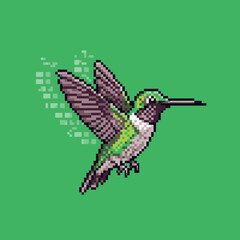 A detailed pixel art illustration of a green and white hummingbird hovering against a solid green background.