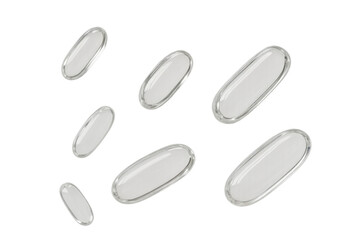 White transparent capsules falling, representing health, medicine, and clean ingredients on a transparent background
