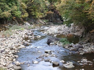 A stream of water flows through a rocky area. The water is clear and the rocks are scattered...