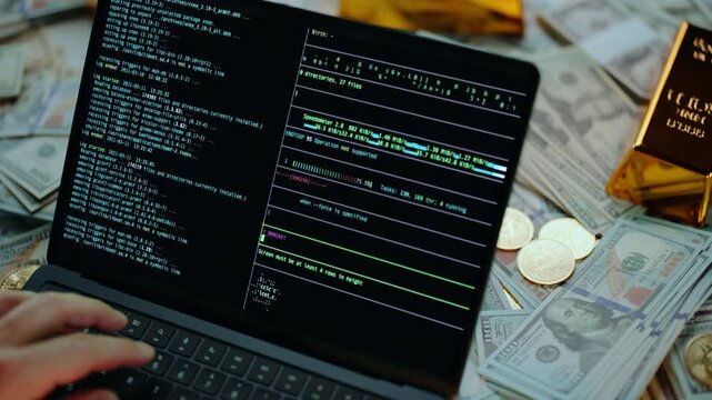 Anonymous hacker typing on a laptop keyboard to access a blockchain network for bitcoin mining, surrounded by dollar bills, gold bars, and physical cryptocurrency coins on a world map