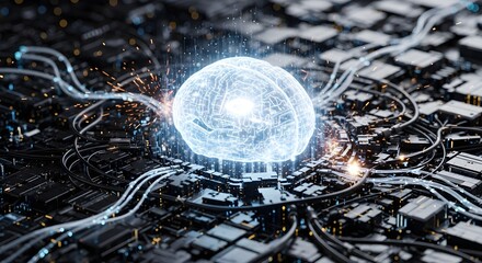 A glowing digital brain with electrical connections, representing artificial intelligence and advanced technology.