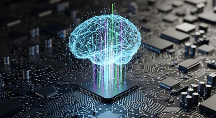 A glowing digital brain connected to a computer chip, representing artificial intelligence and data processing.