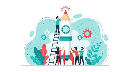 Fototapeta premium Collaborative Team Launching Pencil Rocket with Ladder and Gear Accents