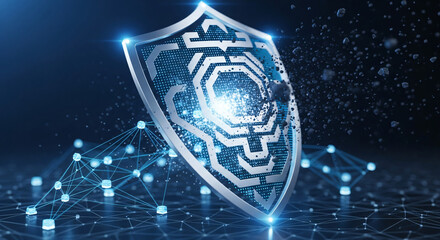 High-tech cybersecurity concept featuring a glowing shield protecting a complex digital data network