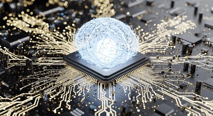 A glowing, translucent brain-shaped neural network sits atop a complex computer chip, symbolizing artificial intelligence and advanced technology.