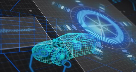 Glowing cyan wireframe car appearing on grid, sliding panels and rotating gauge conducting analysis - Powered by Adobe