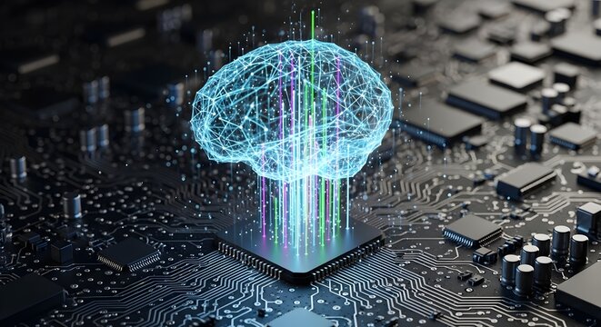 A glowing digital brain connected to a computer chip, representing artificial intelligence and data processing.