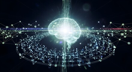 A glowing, intricate digital representation of a human brain, surrounded by a network of interconnected nodes and light streams, symbolizing artificial intelligence and complex data.