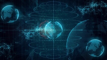 Rotating blue spheres pulsing rings circuits while red dollar sign scaling behind globe for finance - Powered by Adobe