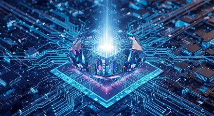 Futuristic technology: A glowing diamond on a circuit board with blue light.
