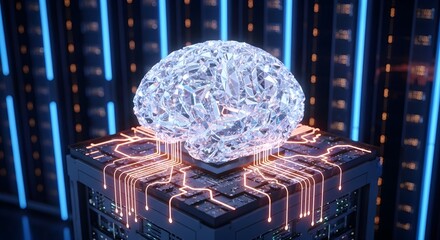 A glowing digital brain model rests on a powerful computer processor, symbolizing the fusion of artificial intelligence and advanced computing.