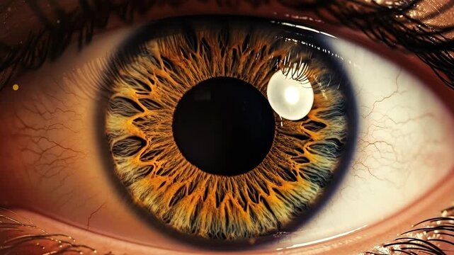 Close up eye detailed iris orange and brown hues bright light