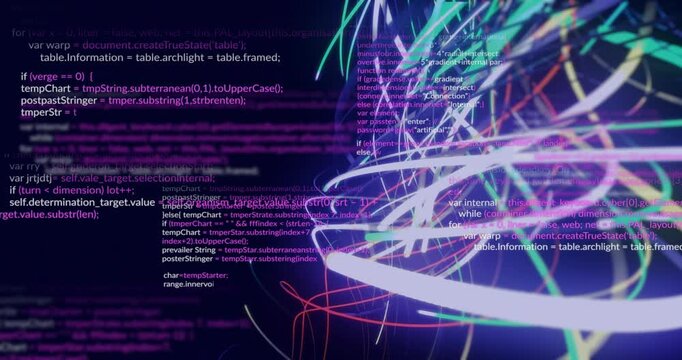 On startup neon ribbons appearing, intertwining as code lines scrolling behind, showing data sphere