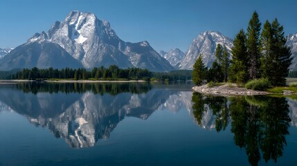 Majestic snow-capped mountains perfectly mirrored on the tranquil surface of a deep blue lake