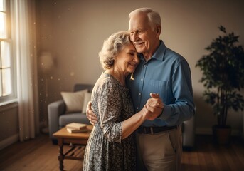 An Elderly Couple Dancing in Their Living Room