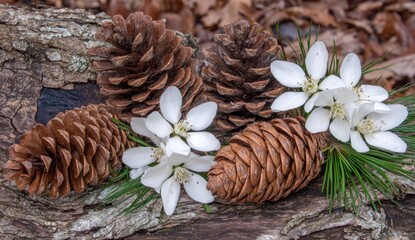 Pine cones and delicate white flowers rest on textured bark and forest floor.