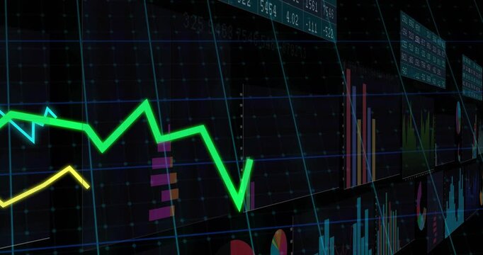 Curved dashboard popping in, bar charts rising, lines fluctuating and panels sliding for insights - Powered by Adobe