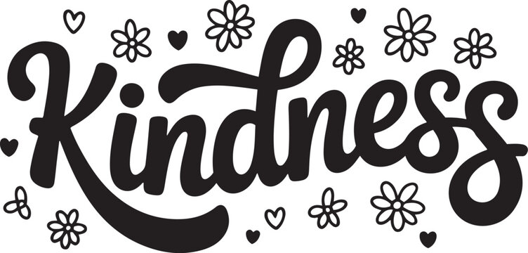 Hand drawn kindness typography with hearts and flowers whimsical design isolated on transparent background