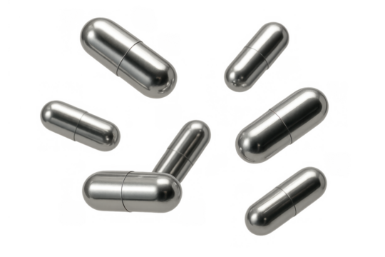 Silver metallic pills falling, representing advanced medicine, health science, and future technology on transparent background