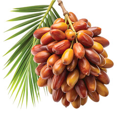 Fresh Date Cluster on Palm Branch: A natural cluster of ripe date fruits still attached to a palm branch, PNG cut out.