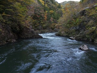 A river with a lot of water and rocks. The water is blue and the rocks are brown
