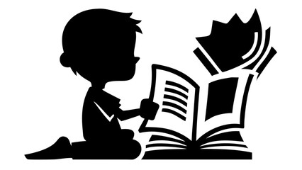 Engaging Silhouette Depiction of a Child Lost in the Adventure of Reading an Exciting Book, Perfect for Educational Materials and Library Promotions