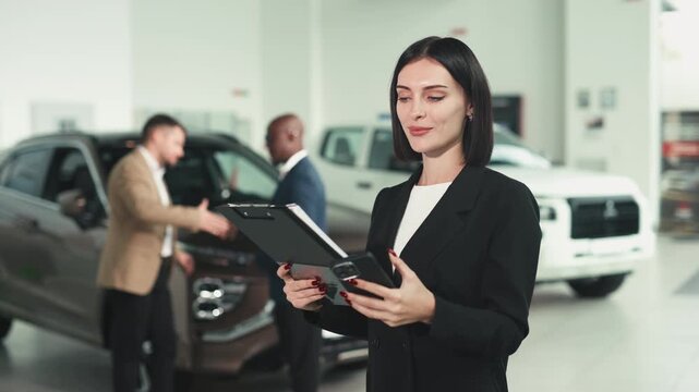 Confident woman in a business suit stands in a car dealership, smiling while two men shake hands in the background, representing a successful car buying experience