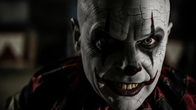 A closeup of a scary clown with cracked white makeup red lips and sharp teeth