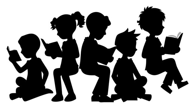 Captivating silhouette of children reading books together, perfect for educational materials, promoting literacy, or illustrating the joy of reading and learning
