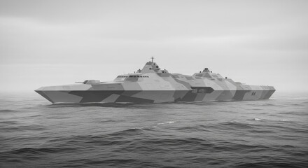 Stealth Littoral Combat Ship in Monochrome, Navigating Choppy Seas Under Overcast Sky