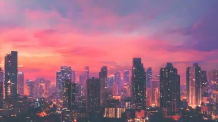 Fototapeta premium Illuminated towers define the metropolitan skyline against a vibrant sunset sky