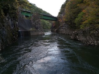 A river with a bridge over it. The water is calm and clear. The bridge is green