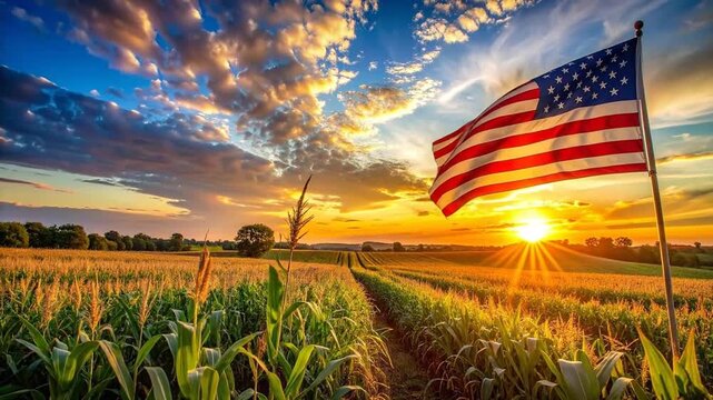 American Flag Flying Over a Cornfield at Sunset with a Dramatic Sky